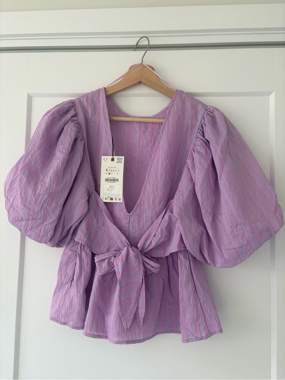Zara Lilac Striped Puff-Sleeve Peplum Blouse - Picture 8 of 9